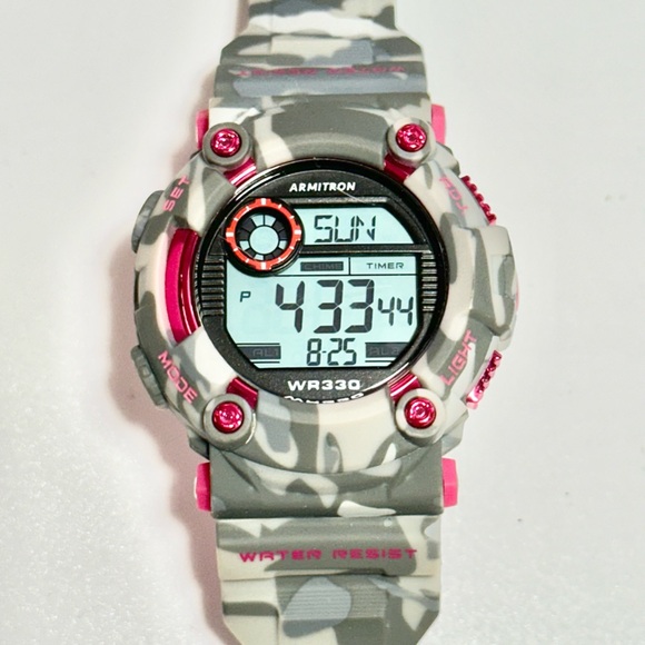 NEW Unisex 46mm Hot Pink & Gray Camo Digital Chronograph Armitron Watch WR330ft - Picture 3 of 17